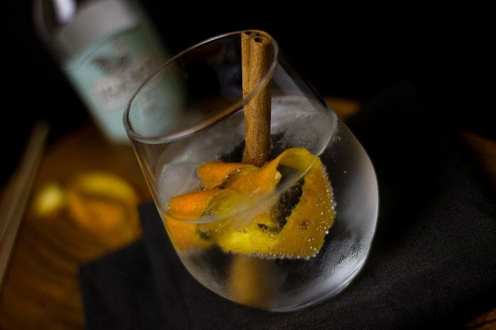Gin Tonic mit Zimtstange und Orangenschale