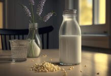 Wie schmeckt Lupinenmilch? Lupinenmilch auf einem Küchentisch mit Lupinensamen