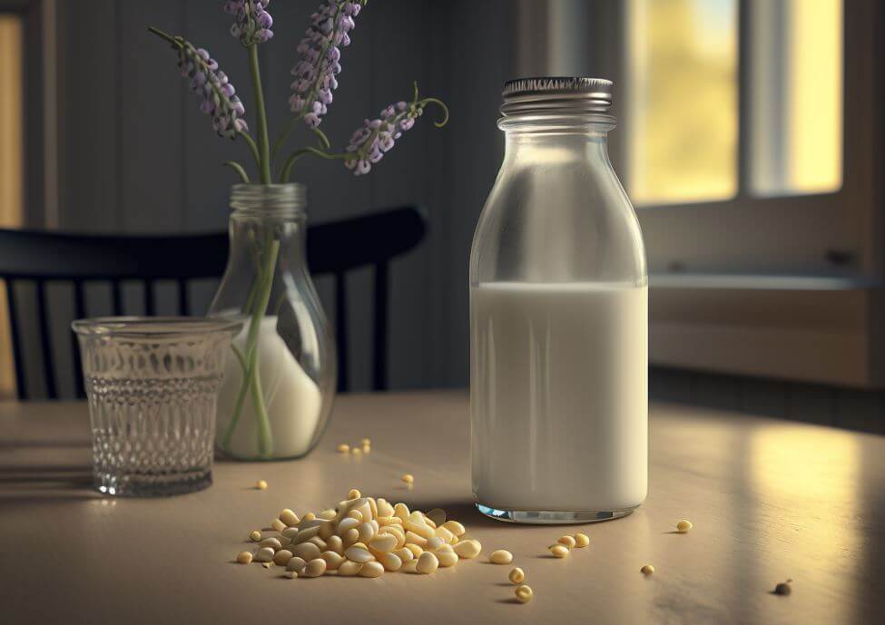 Lupinenmilch auf einem Küchentisch mit Lupinensamen