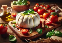 Wie schmeckt Burrata Burrata mit Basilikumblättern, Tomaten und Olivenöl auf einem Holzbrett.