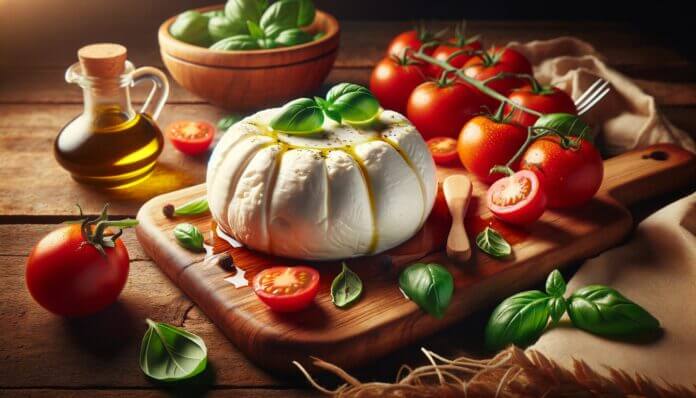 Wie schmeckt Burrata Burrata mit Basilikumblättern, Tomaten und Olivenöl auf einem Holzbrett.