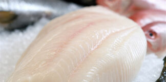 Wie schmeckt Heilbutt? Ein frisches Heilbuttfilet liegt auf zerstoßenem Eis an einer Fischtheke