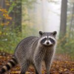 Ein Waschbär steht in einem nebligen herbstlichen Waldstück