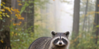 Wie schmeckt Waschbär? Ein Waschbär steht in einem nebligen herbstlichen Waldstück