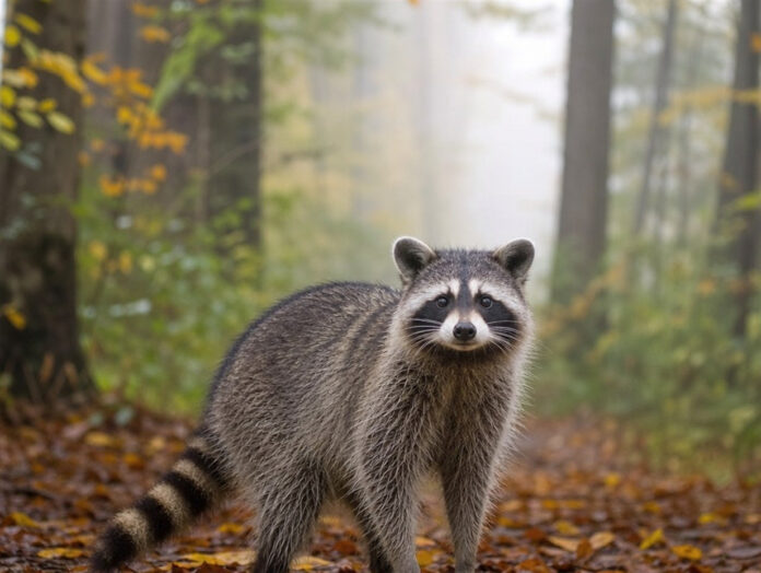 Ein Waschbär steht in einem nebligen herbstlichen Waldstück