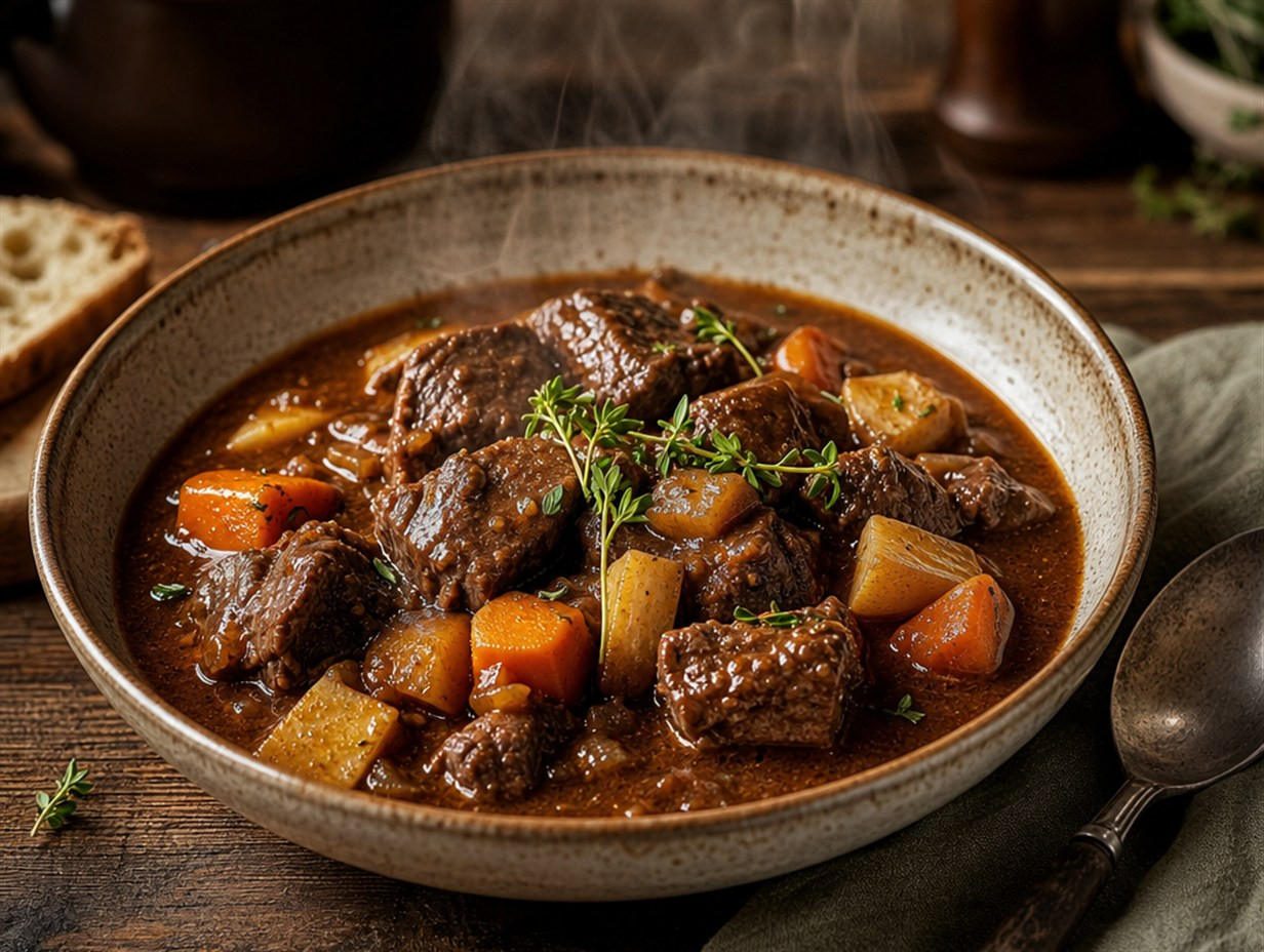 Eine Schüssel dunkles Wildgulasch mit Wurzelgemüse auf einem Holztisch