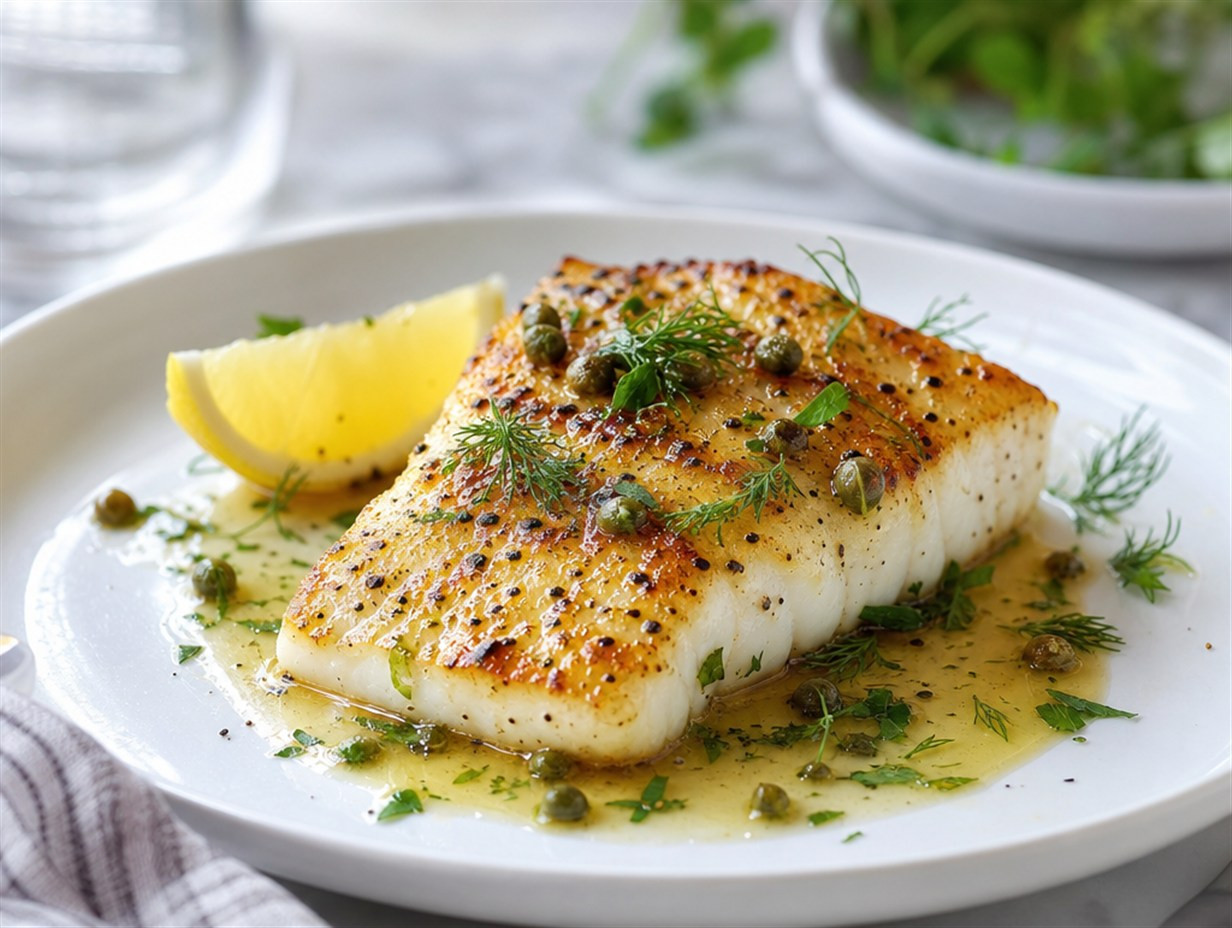 Ein goldbraun gebratenes Heilbuttfilet mit Zitrone und Kräutern auf einem weißen Teller