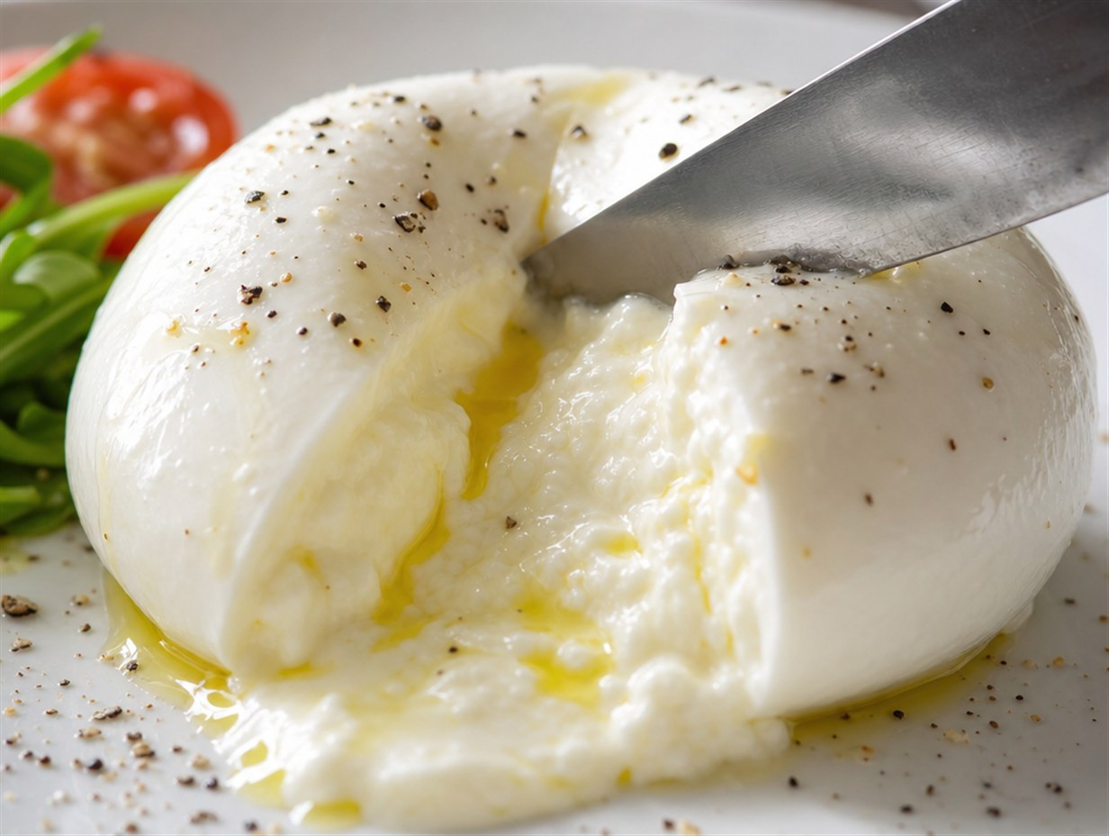 Nahaufnahme einer aufgeschnittenen Büffelmozzarella-Kugel mit austretender milchiger Flüssigkeit und Olivenöl