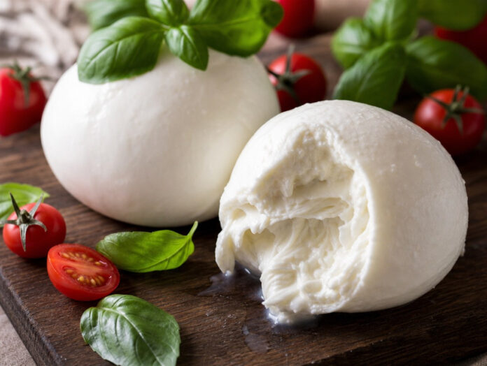 Büffelmozzarella Kugeln auf Holzbrett Zwei Kugeln Büffelmozzarella auf einem Holzbrett, eine davon aufgeschnitten, mit Tomaten und Basilikum