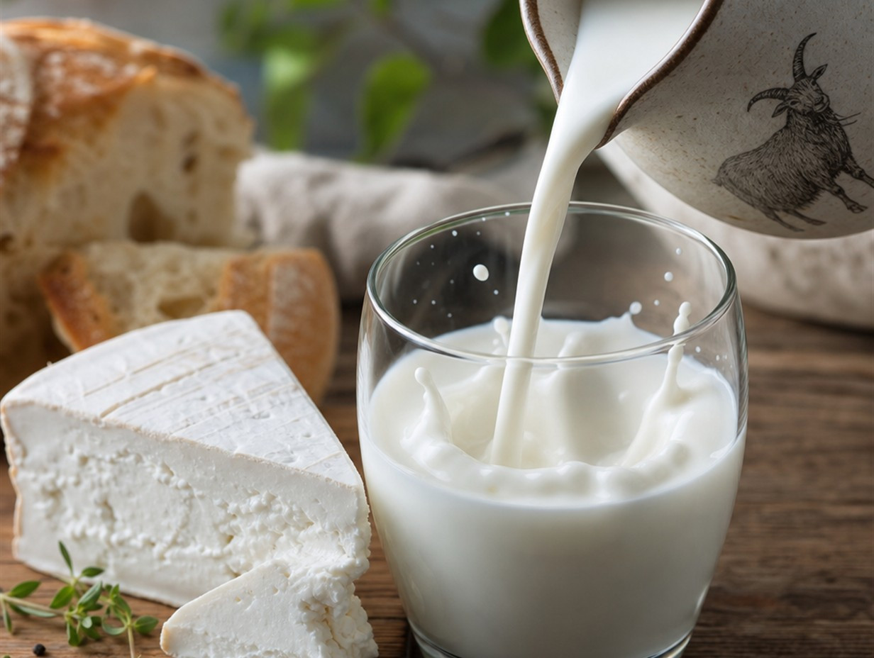 Ziegenmilch wird aus einem Krug in ein Glas gegossen