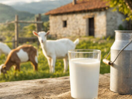 Glas frische Ziegenmilch mit Bauernhof im Hintergrund