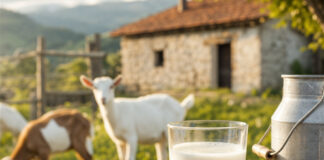 Wie schmeckt Ziegenmilch? Glas frische Ziegenmilch mit Bauernhof im Hintergrund