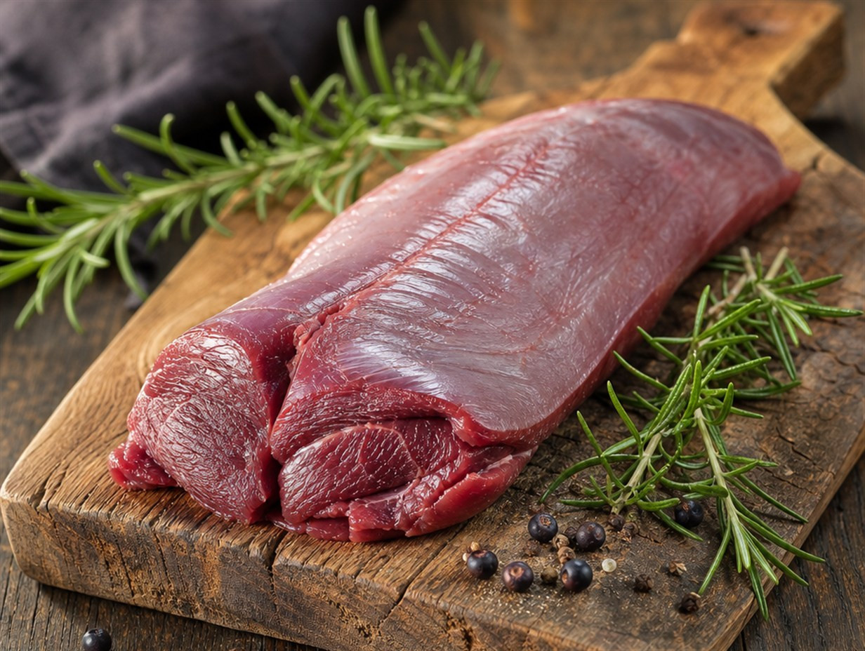 Rohes Rehfleisch (Rehrücken) auf einem Holzbrett mit Rosmarin und Wacholderbeeren