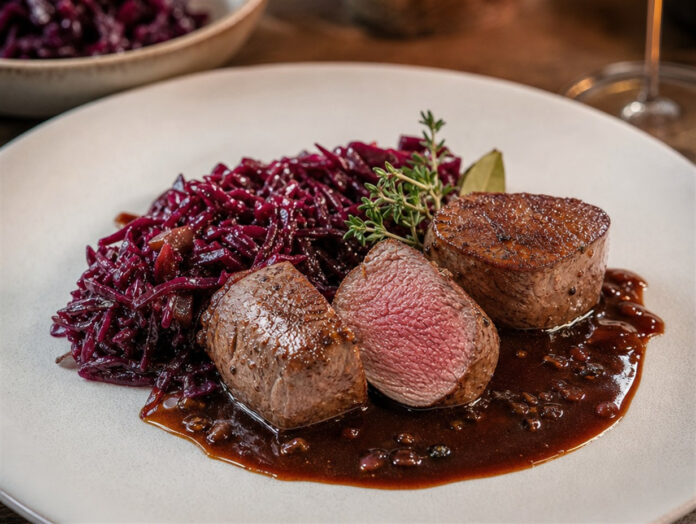 Rehmedaillons mit Rotkohl auf Teller Rosa gebratene Rehmedaillons mit Rotkohl und Sauce auf einem Teller angerichtet