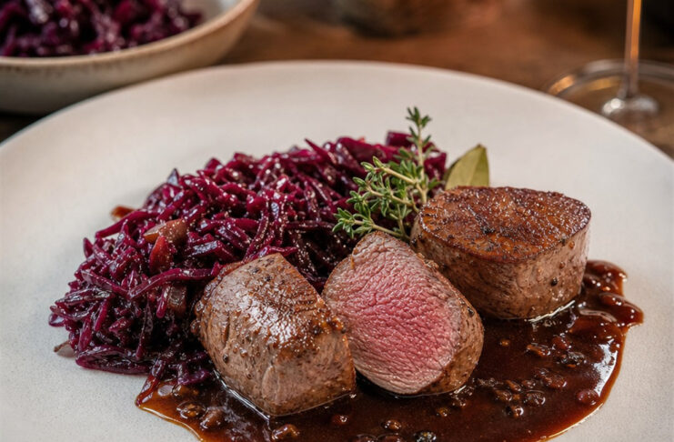 Rosa gebratene Rehmedaillons mit Rotkohl und Sauce auf einem Teller angerichtet