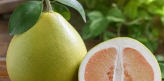 Wie schmeckt Pomelo? Aufgeschnittene Pomelo mit rosa-weißem Fruchtfleisch