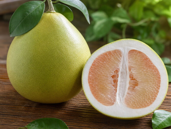 Pomelo aufgeschnitten mit Fruchtfleisch Aufgeschnittene Pomelo mit rosa-weißem Fruchtfleisch