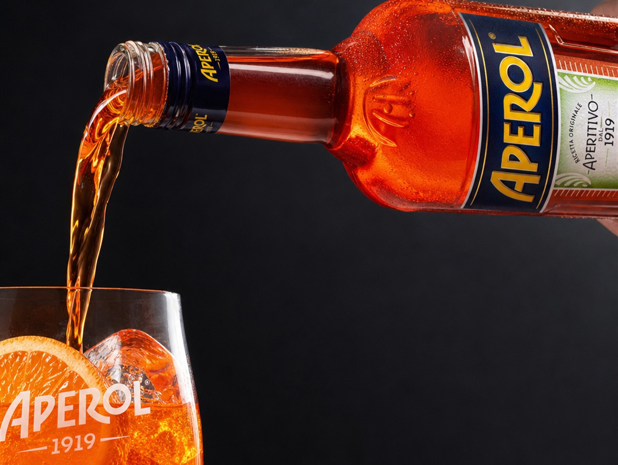 Aperol Bitterlikör wird aus der Flasche in ein Glas eingeschenkt