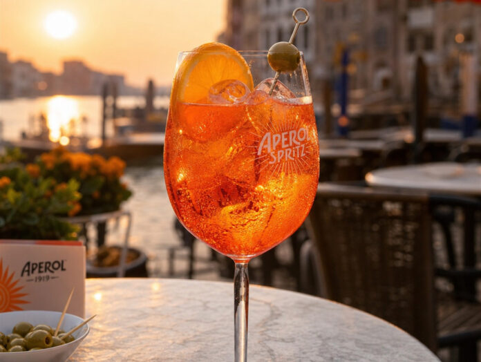 Aperol Spritz auf der Terrasse Aperol Spritz Cocktail im Glas mit Eis und Orangenscheibe auf einer Terrasse