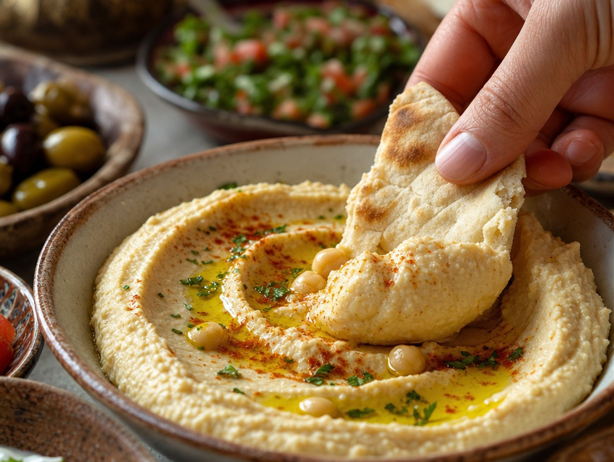Ein Stück Fladenbrot wird in cremigen Hummus mit Olivenöl getunkt
