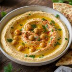 Cremiger Hummus mit Olivenöl, Paprika und Kichererbsen in einer Schale, serviert mit Fladenbrot
