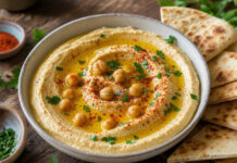 Wie schmeckt Hummus? Cremiger Hummus mit Olivenöl, Paprika und Kichererbsen in einer Schale, serviert mit Fladenbrot