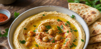 Wie schmeckt Hummus? Cremiger Hummus mit Olivenöl, Paprika und Kichererbsen in einer Schale, serviert mit Fladenbrot