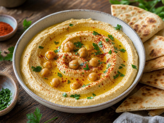 Hummus mit Olivenöl und Paprika Cremiger Hummus mit Olivenöl, Paprika und Kichererbsen in einer Schale, serviert mit Fladenbrot