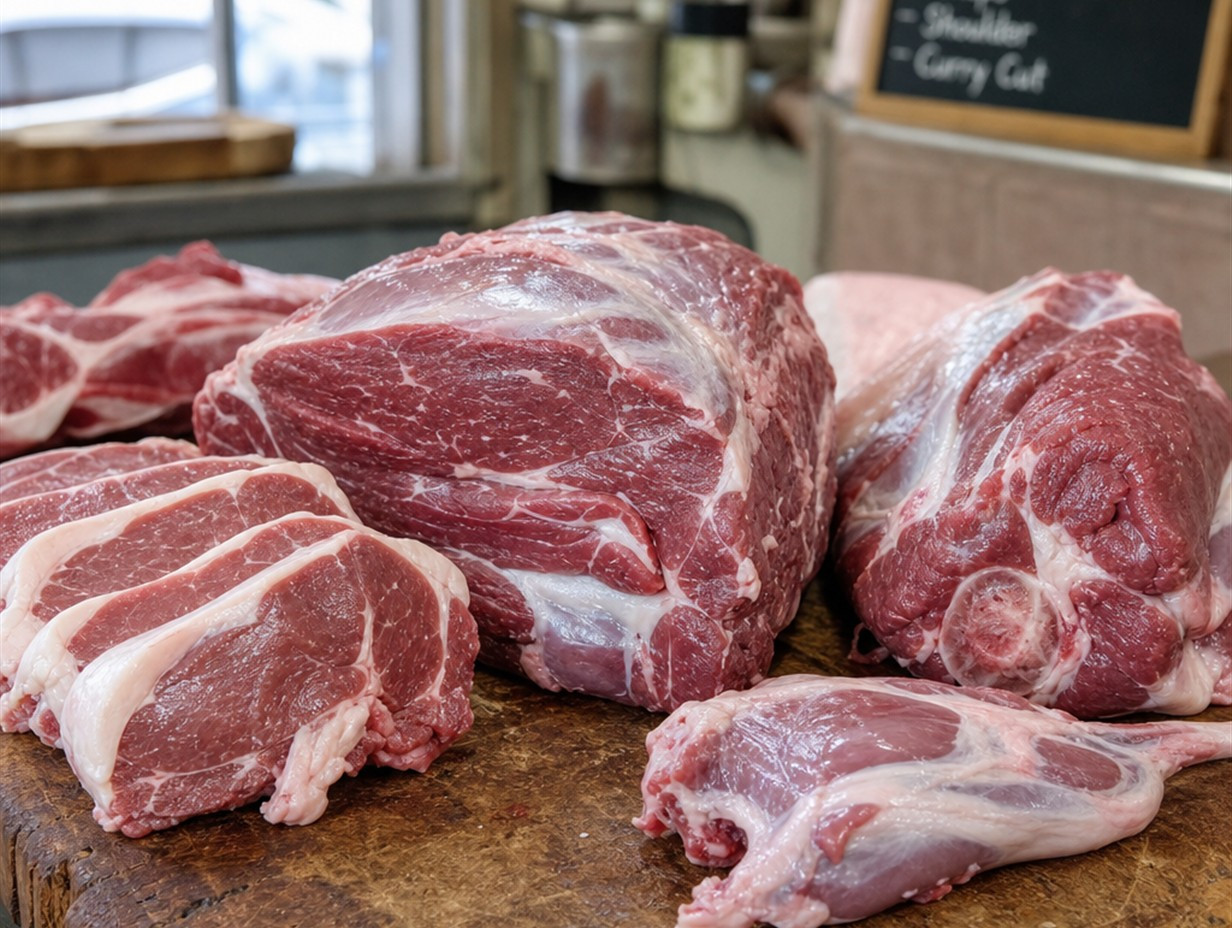 Rohes Ziegenfleisch auf einem Holzbrett beim Metzger