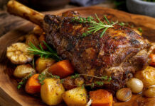Wie schmeckt Ziegenfleisch? Geschmortes Ziegenfleisch mit Kräutern und Wurzelgemüse auf einem Holzbrett