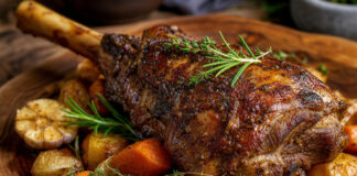 Wie schmeckt Ziegenfleisch? Geschmortes Ziegenfleisch mit Kräutern und Wurzelgemüse auf einem Holzbrett