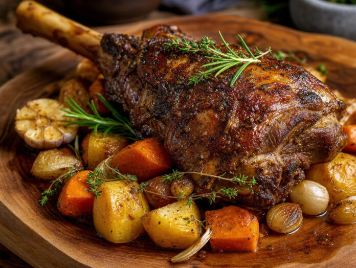 Geschmortes Ziegenfleisch mit Gemüse Geschmortes Ziegenfleisch mit Kräutern und Wurzelgemüse auf einem Holzbrett