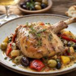 Geschmorte Kaninchenkeule mit mediterranem Gemüse und Kräutern