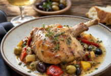 Wie schmeckt Kaninchen? Geschmorte Kaninchenkeule mit mediterranem Gemüse und Kräutern