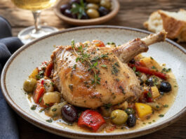 Geschmorte Kaninchenkeule mit mediterranem Gemüse und Kräutern