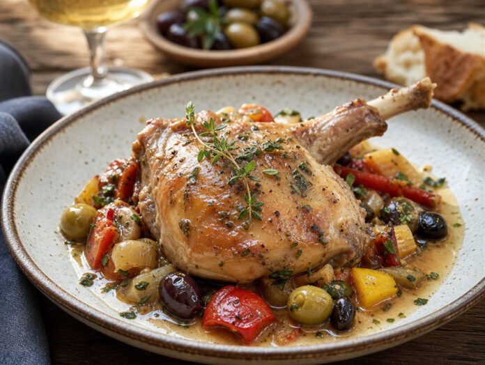 Geschmortes Kaninchen mit Gemüse Geschmorte Kaninchenkeule mit mediterranem Gemüse und Kräutern