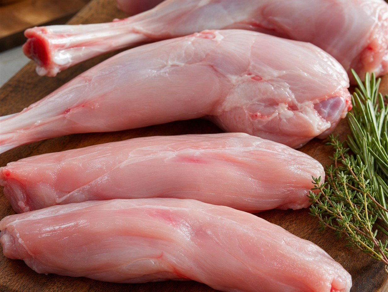 Rohes Kaninchenfleisch mit frischen Kräutern auf Holzbrett