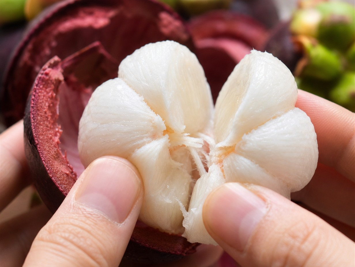Nahaufnahme des weißen Fruchtfleischs einer aufgebrochenen Mangostan