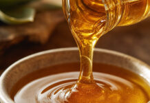 Wie schmeckt Agavendicksaft? Goldener Agavendicksaft wird zähflüssig aus einem Glas in eine Schale gegossen