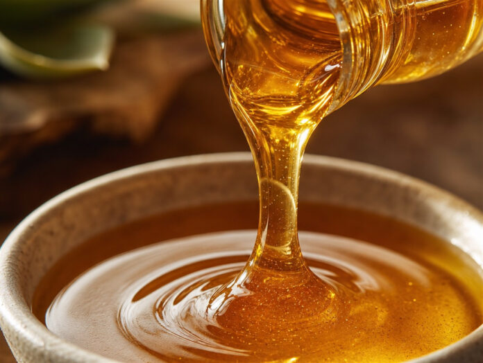Agavendicksaft wird eingeschenkt Goldener Agavendicksaft wird zähflüssig aus einem Glas in eine Schale gegossen