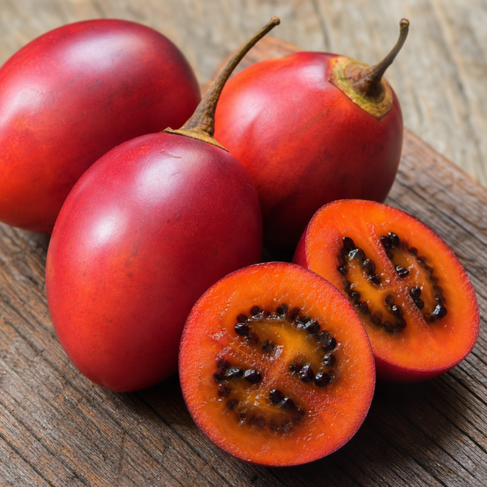 Ganze und halbierte Tamarillo (Baumtomate)