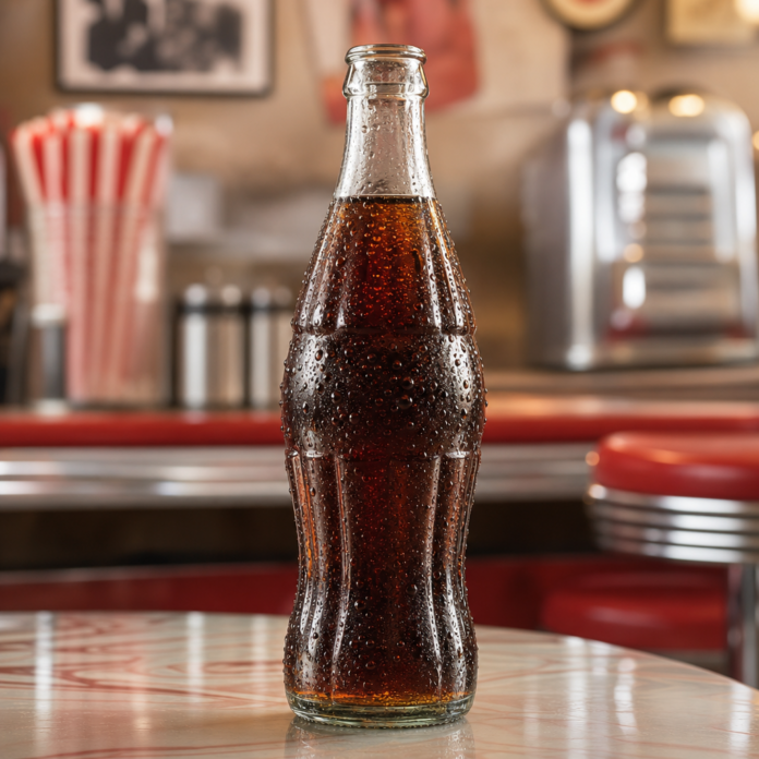 Retro Cola-Flasche Eine altmodische Glasflasche mit Cola-Getränk