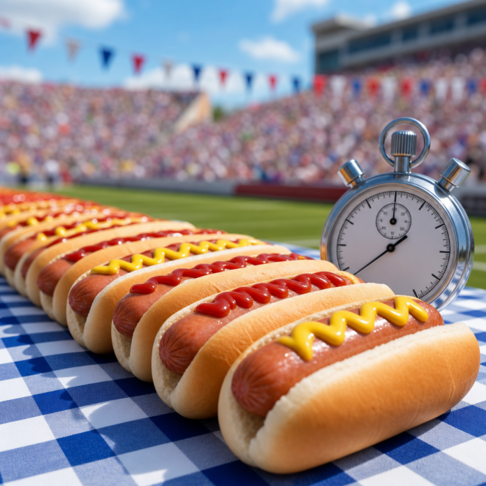 Reihe von Hot Dogs neben einer Stoppuhr