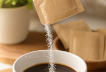 Ist Aspartam gefährlich? Süßstoffpulver aus einer neutralen, unbeschrifteten Verpackung fällt in eine Kaffeetasse