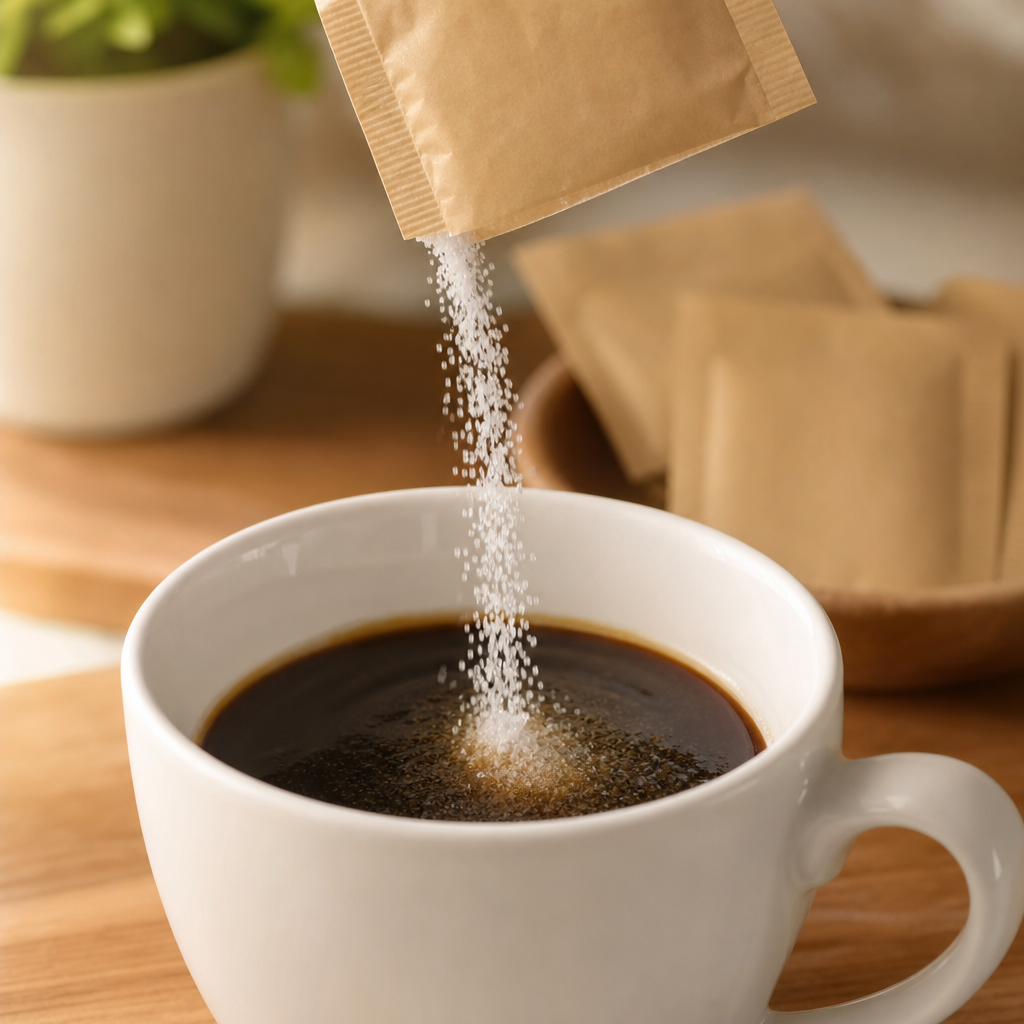 Süßstoffpulver aus einer neutralen, unbeschrifteten Verpackung fällt in eine Kaffeetasse