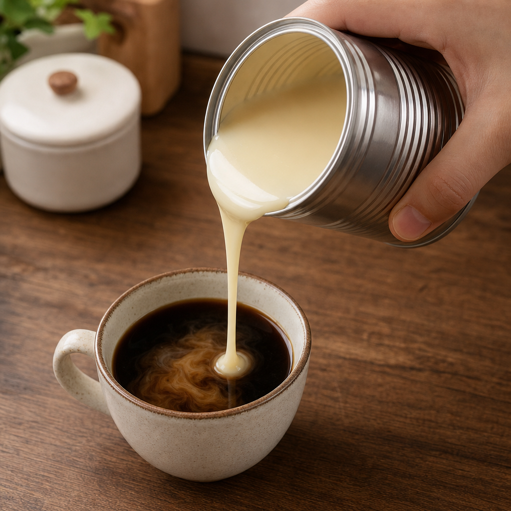 Kondensmilch wird in Kaffee gegossen