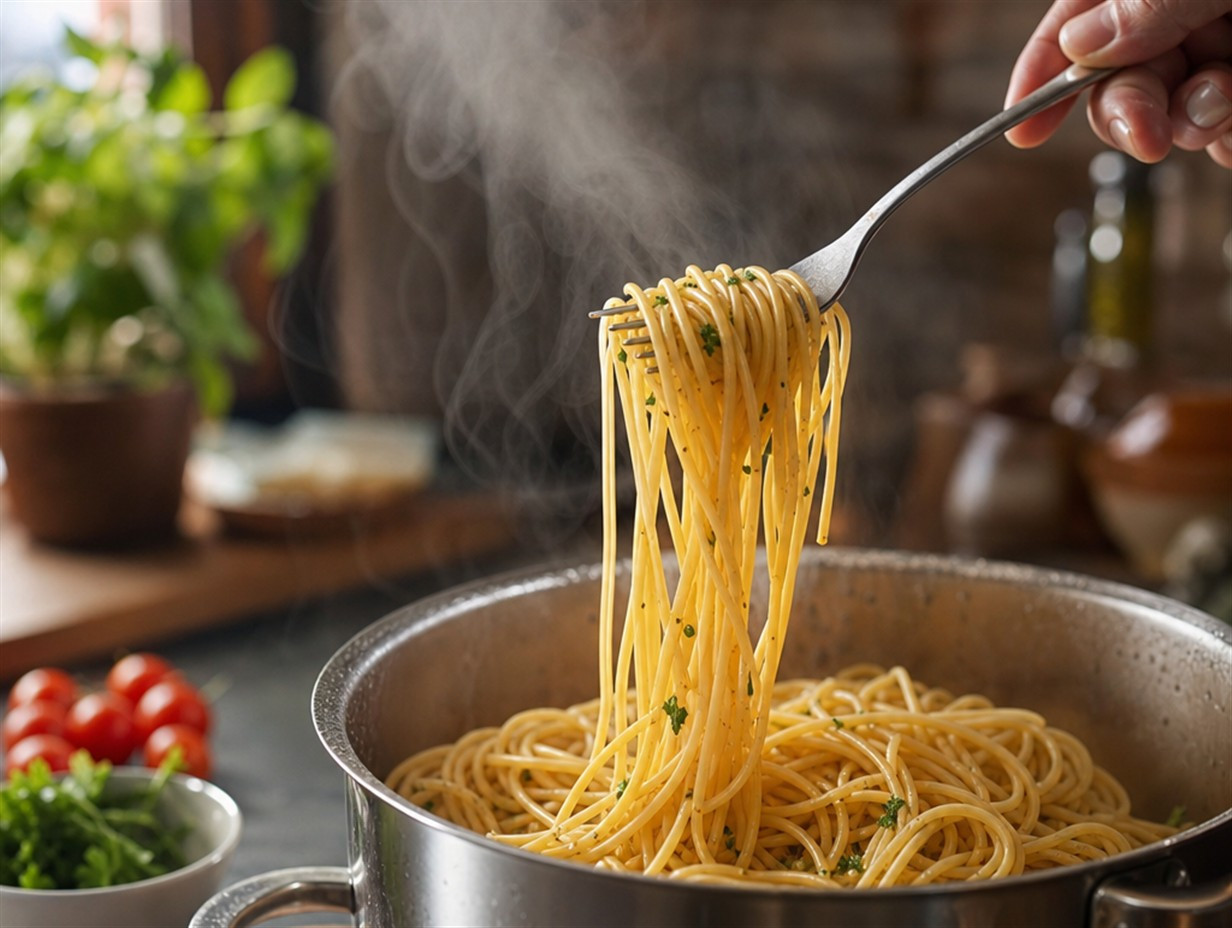 Spaghetti al dente werden mit einer Gabel angehoben