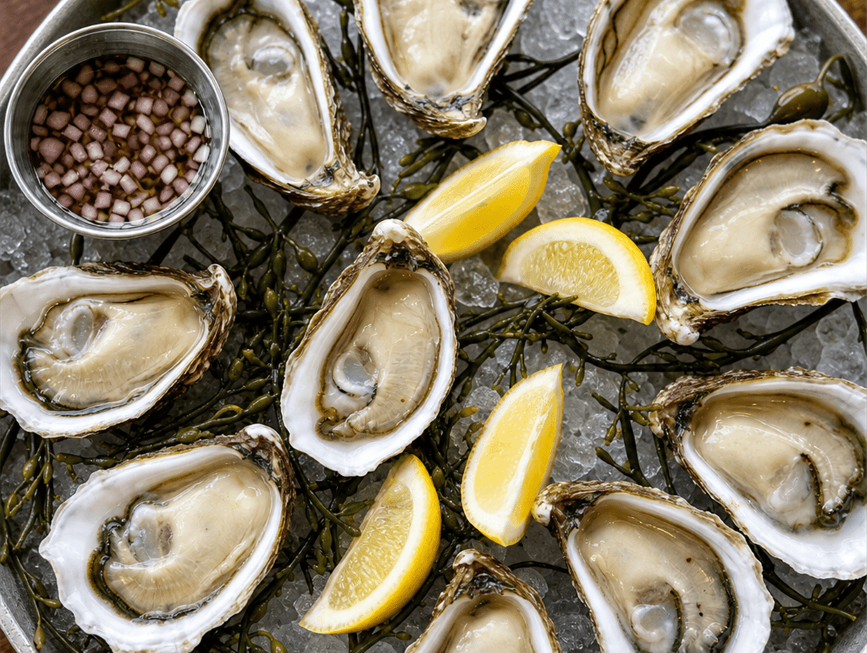 Geöffnete rohe Austern auf Eis mit einer Schale Mignonette-Sauce aus Schalotten und Essig