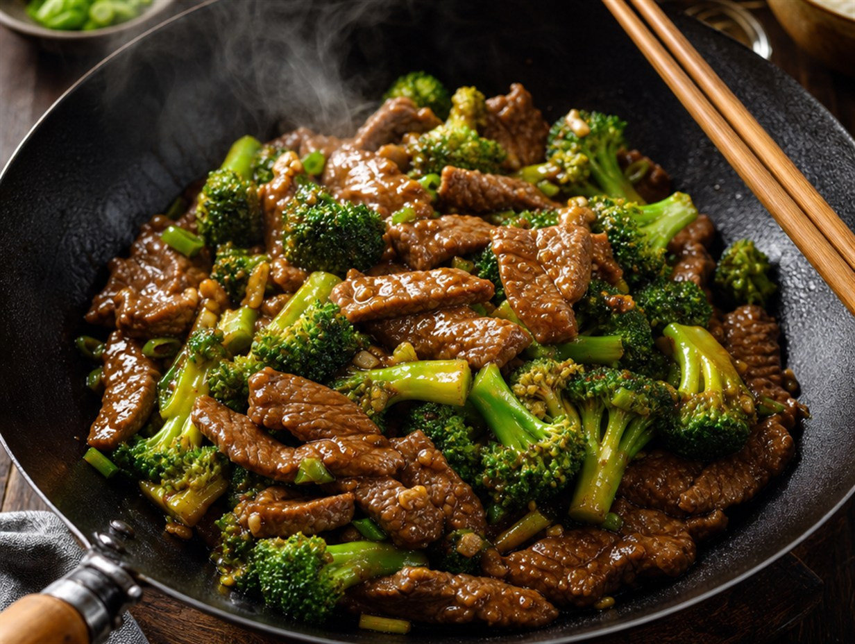 Wok-Gericht mit Brokkoli und Rindfleisch glasiert in Austernsauce