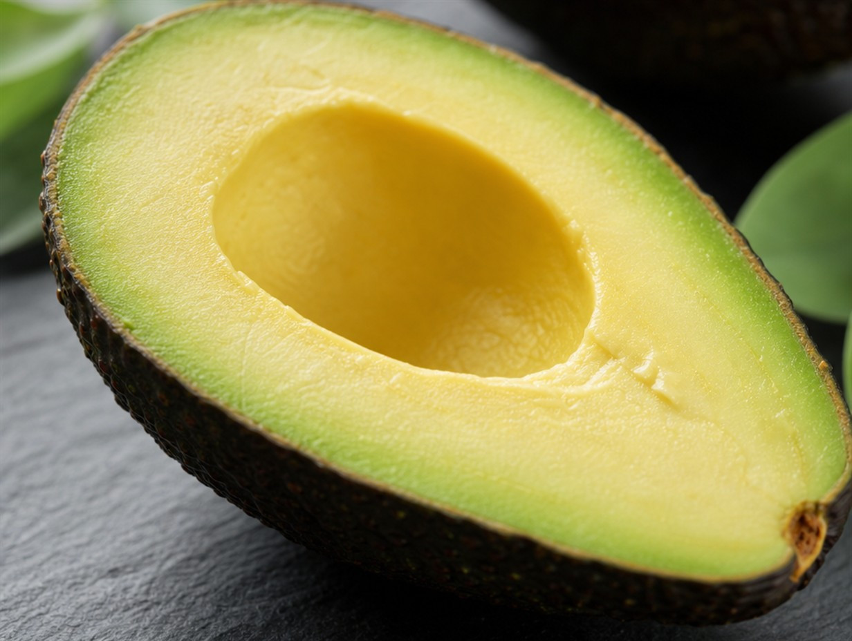 Aufgeschnittene reife Avocado mit Kern auf Holzbrett